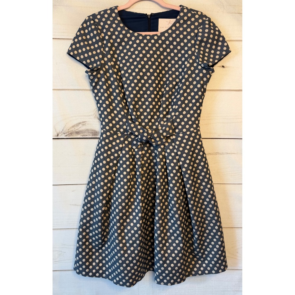 Gal Meets Glam Navy Blue Cream Polka Dot Fit Flare Dress Size 6 Short Sleeve Tie